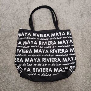 Women's Black Shoulder Bag All Over White Print "Maya Riviera Mexico"